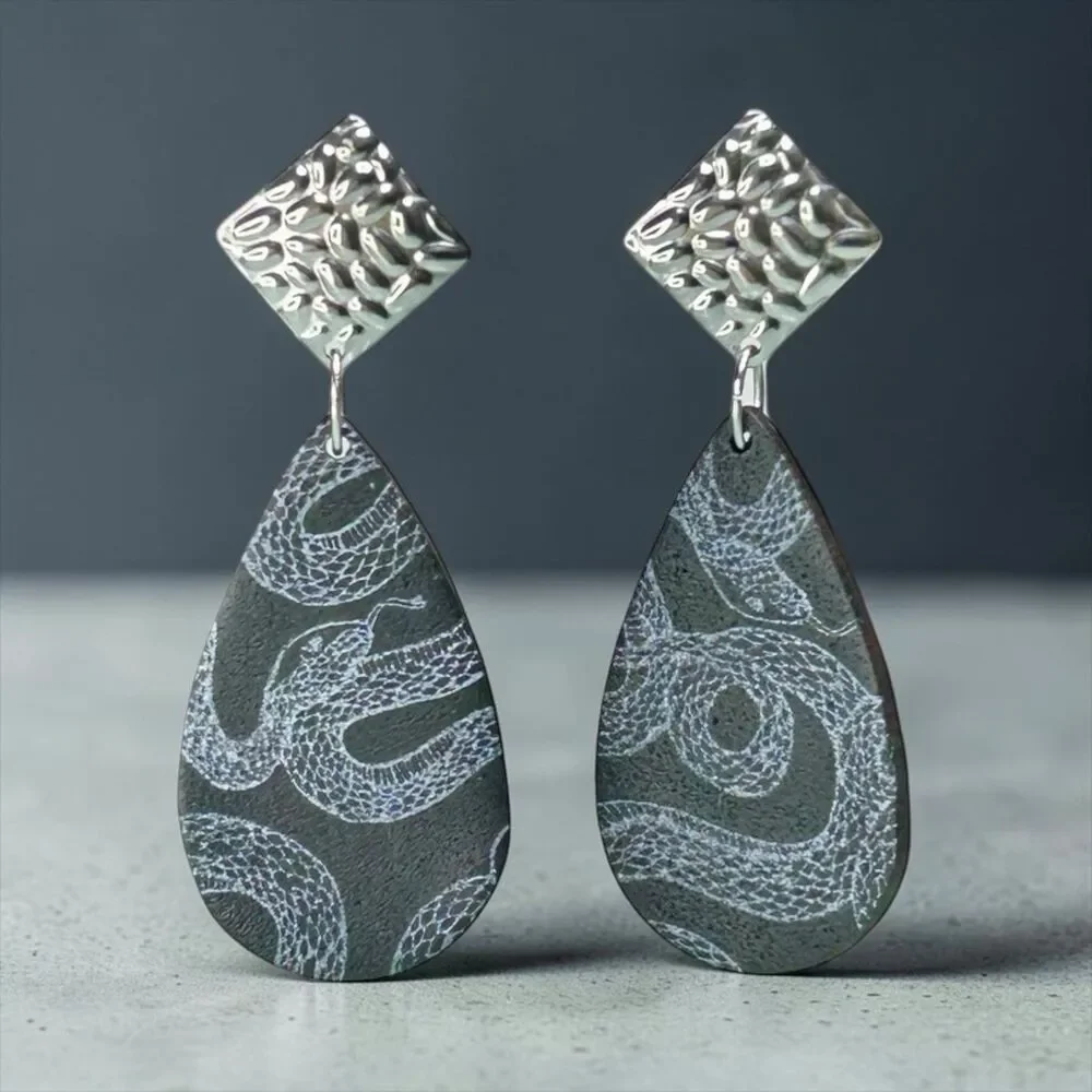 Polymer Clay Lg Dangle Earrings Black Silver Snake Animal Print Handmade SS Post